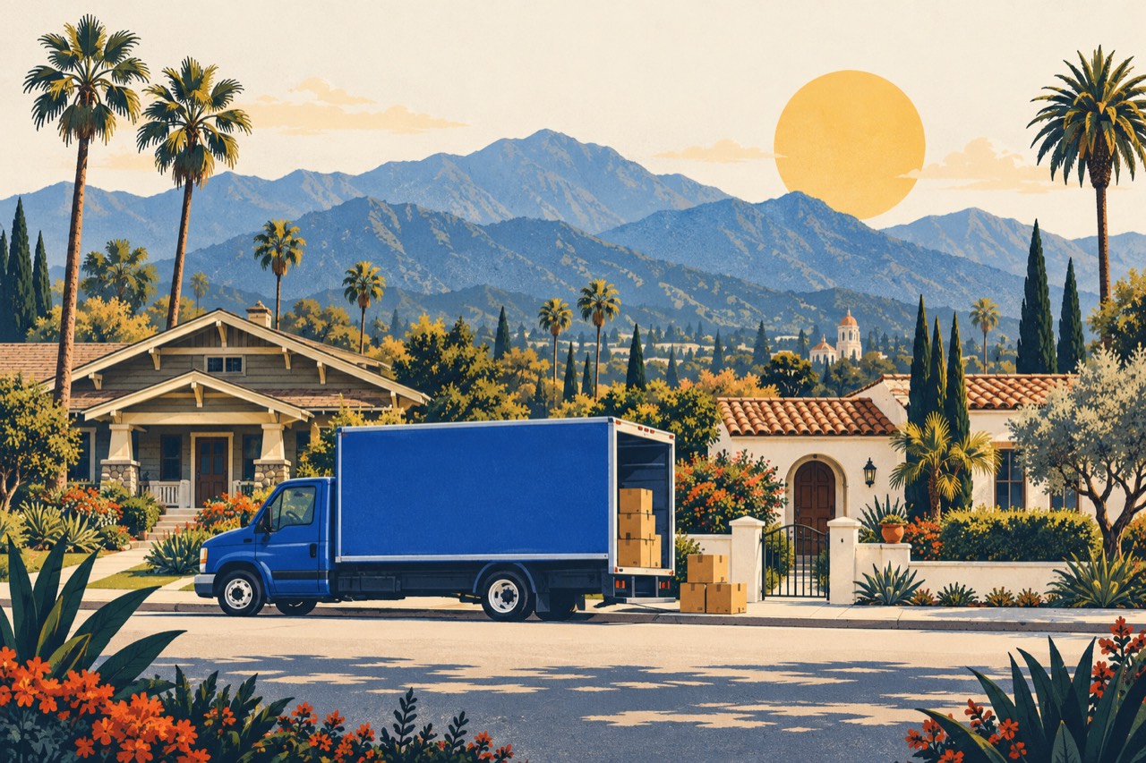 Illustrated moving truck on a sunny neighborhood street beneath the San Gabriel Mountains